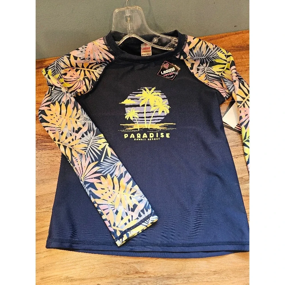 Laguna Girls' Palm Leaves Long-Sleeve Swim Tee - Navy Combo, L (14)